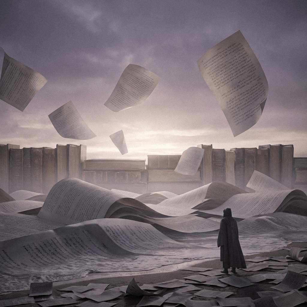 Surreal landscape of paper waves, book walls, and a lone hooded figure.