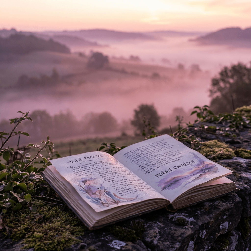 Open book with text Aube Mauve and Poésie Onirique on a mossy stone wall.