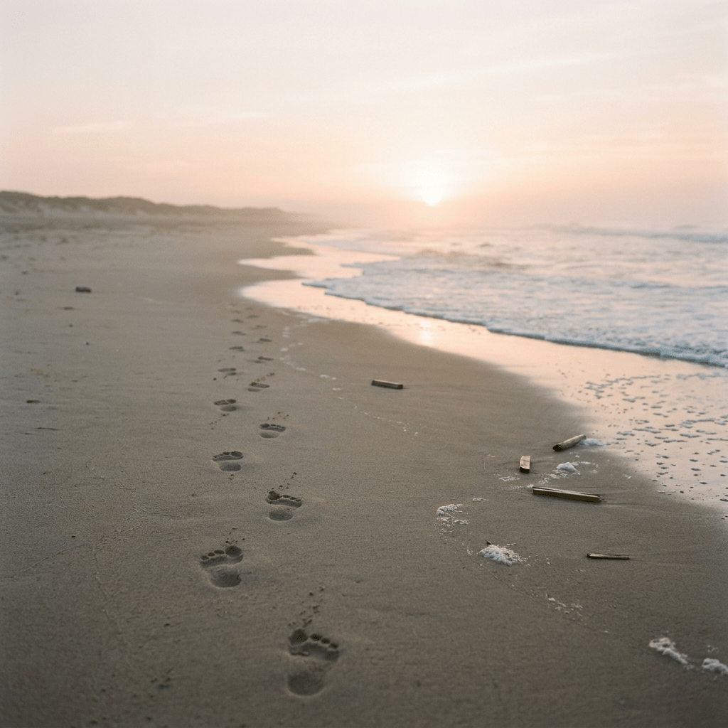 Footprints crossing a beach beside waves at sunset